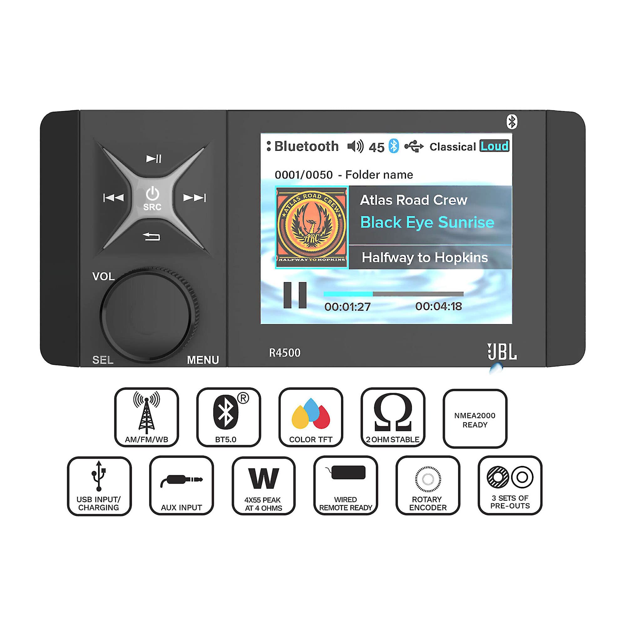JBL Wake Series R4500 Source Unit - 4" Color Screen Receiver with Bluetooth (5.0), AM/FM/WB, USB Input/Charging/Aux Input/Video Input, Rotary Encoder, 3 Zone Line Level Differential Outputs