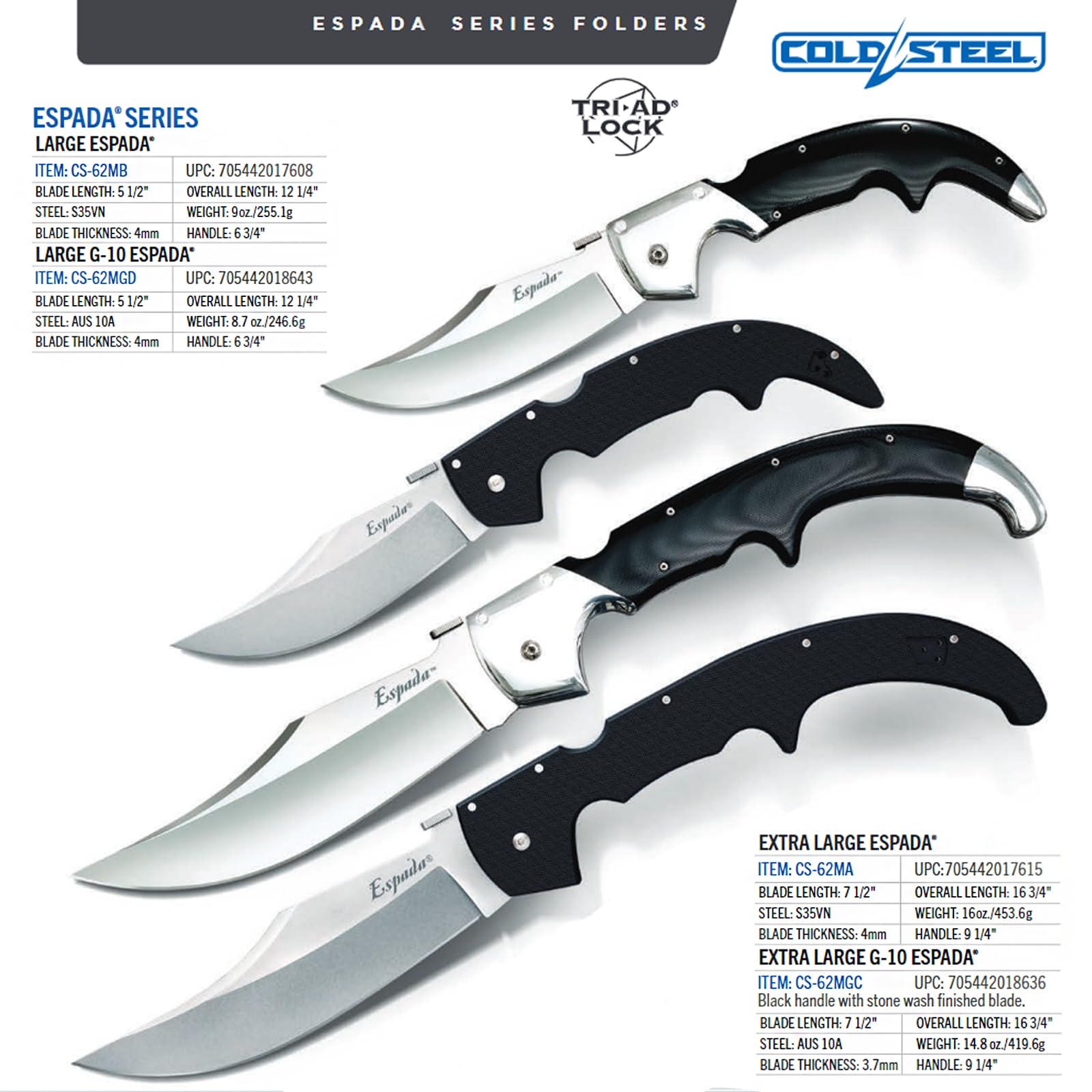 Espada XL Cold Steel Series Folding Knife with Tri-Ad Lock and Pocket Clip