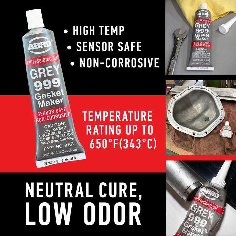 RTV Silicone Sealant and Gasket Maker ABRO - 650 Degrees F, OEM Specified, Sensor Safe, Non-Corrosive, High Temp Silicone Sealant/Head Gasket Sealant Neutral Cure, Low Odor, 3 oz. Tube - Grey