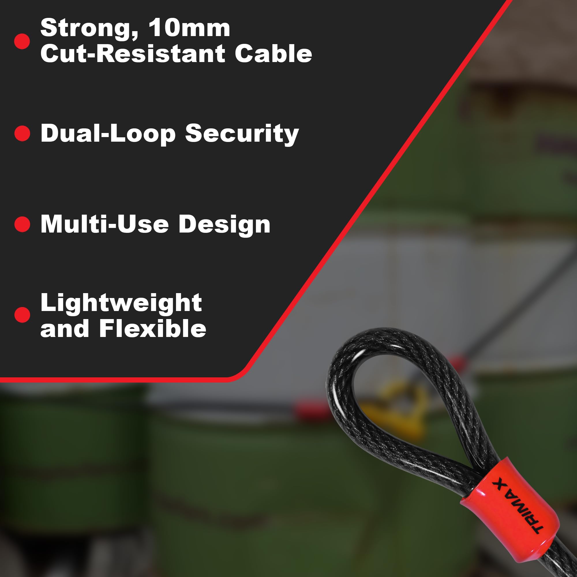 Trimax TDL3010 - Dual Loop Trimaflex Multi-Use Security Cable 30 Feet x 10mm - Commercial Grade Security Cable for Equipment, ATVs, Motorcycles, More