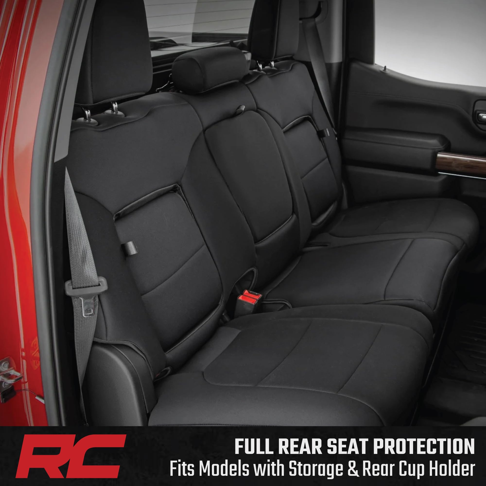 Rough Country Neoprene Seat Covers for GMC Sierra & Chevy Silverado 1500 (2019-2026) w/Rear Seat Storage & Cup Holder - Waterproof & UV Resistant, Foam Padded, Front & Rear Row Cover Set