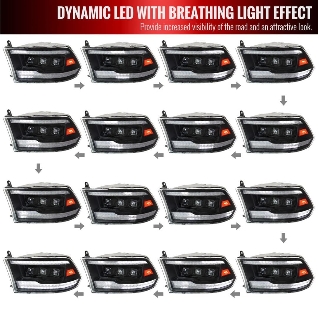 Full LED SPEC-D TUNING Black Sequential Projector Headlights w/Startup Animation Compatible with 2009-2019 Dodge Ram 1500, 2010-2019 Ram 2500/3500, Left + Right Pair Headlamps Assembly