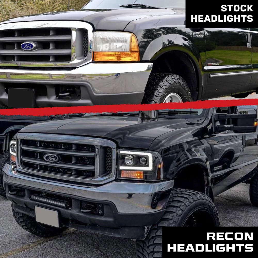 RECON - Projector Headlights Fits 1999-2004 Super Duty (F250 F350 F450 F550) OLED Halos DRL - Smoked Lens (264192BKC)