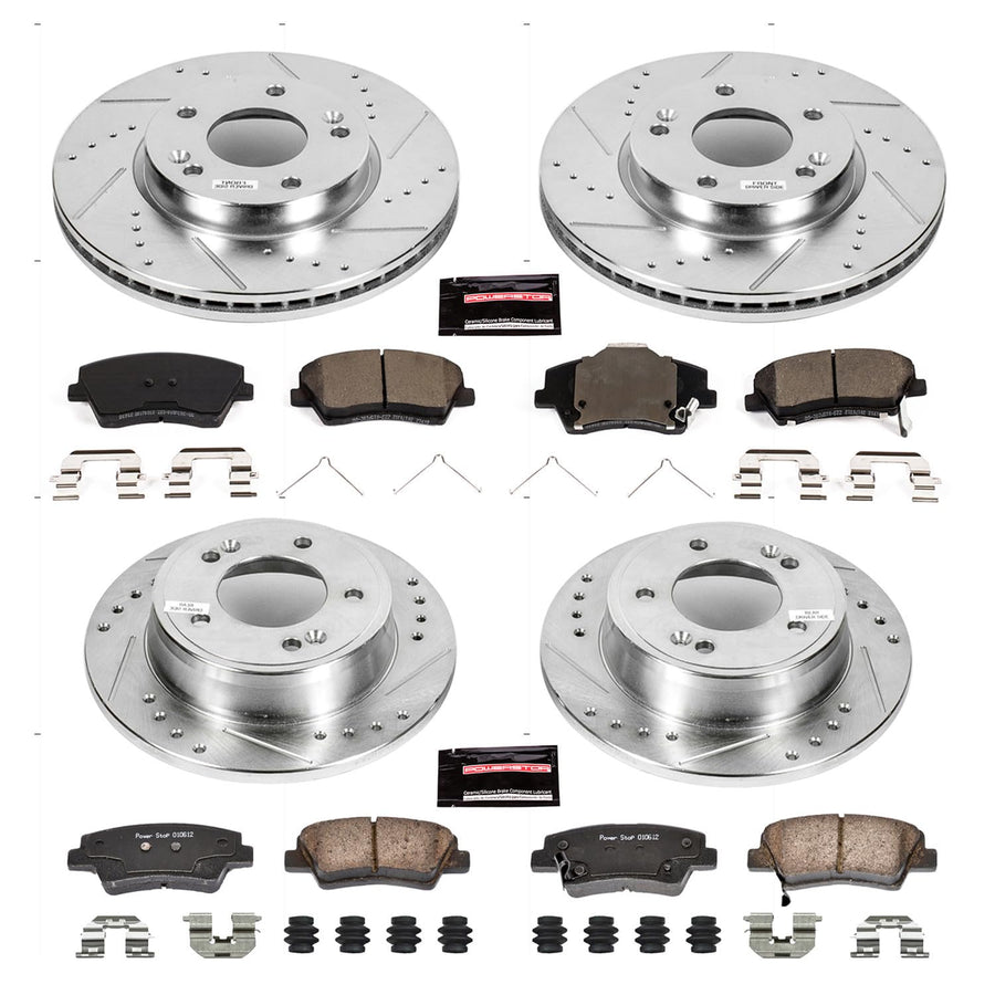 Power Stop K7385 Z23 Carbon Fiber Brake Pads with Front and Rear Drilled & Slotted Brake Rotors Kit For Hyundai Elantra 2017-2020 [Model Specific]