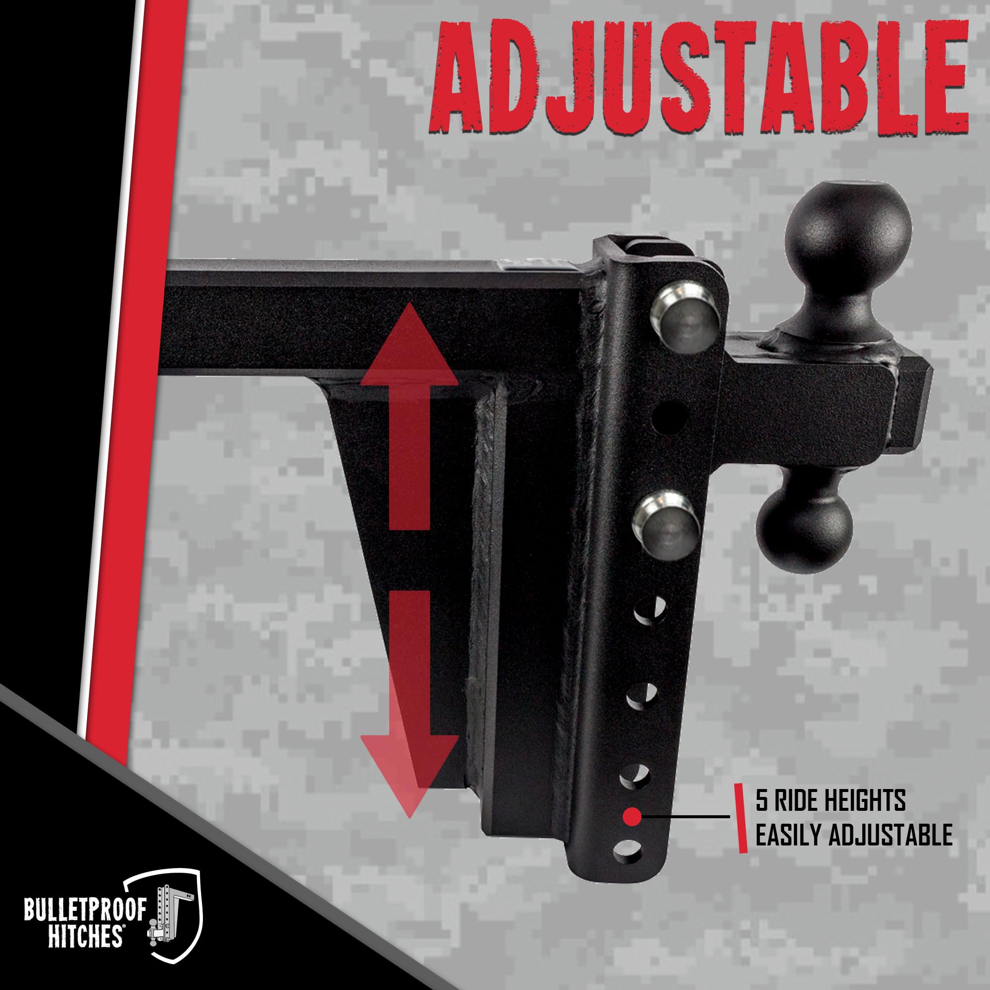 2.0" BulletProof Hitches Adjustable Extreme Duty Trailer Hitch (30,000 lb. Rating) - 8" Drop/Rise with 2" and 2 5/16" Dual Ball - Powder Coat, Solid Steel, Corrosion-Resistant