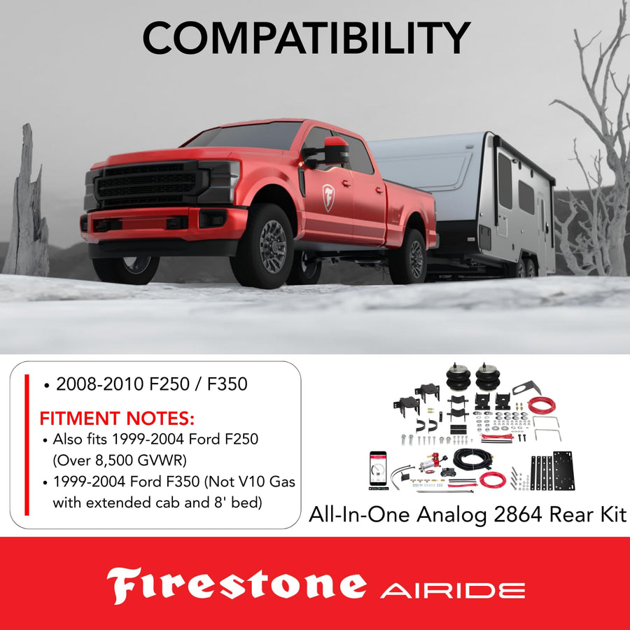 Firestone All-In-One 2864 Wireless Rear Air Spring Kit fits 1999-2004; 2008-2010 F250 / F350 | Load Leveling Design | 5,000 lbs Load Capacity | 5-100 PSI | Installation Easy