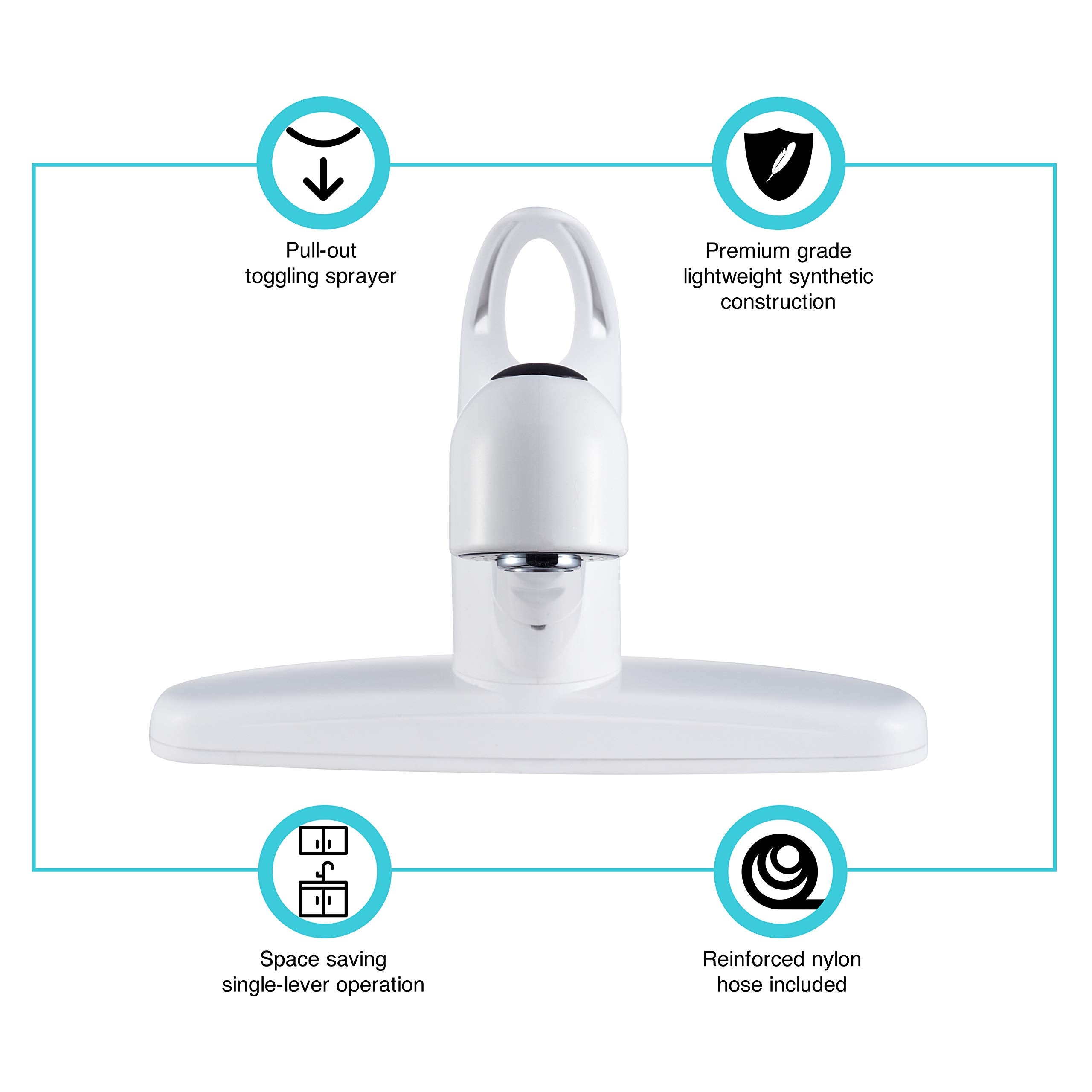 Dura Faucet Non-Metallic DF-PK100-WT Pull-Out RV Kitchen Sink Faucet, Single Handle (White)