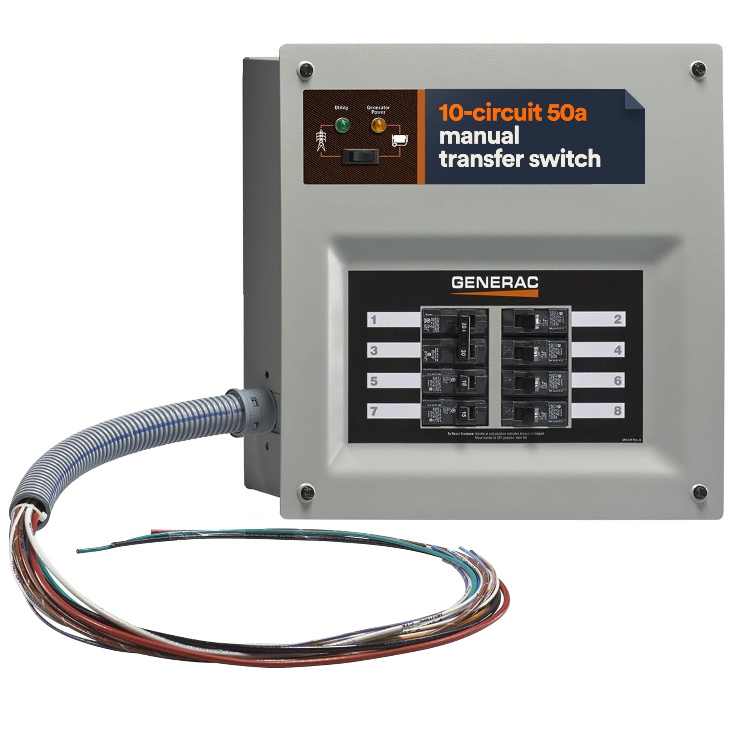 HomeLink Generac 9855 50-Amp Indoor Pre-wired Upgradeable Manual Transfer Switch Kit for 10-16 circuits - Includes Power Inlet Box and 10-ft Cord