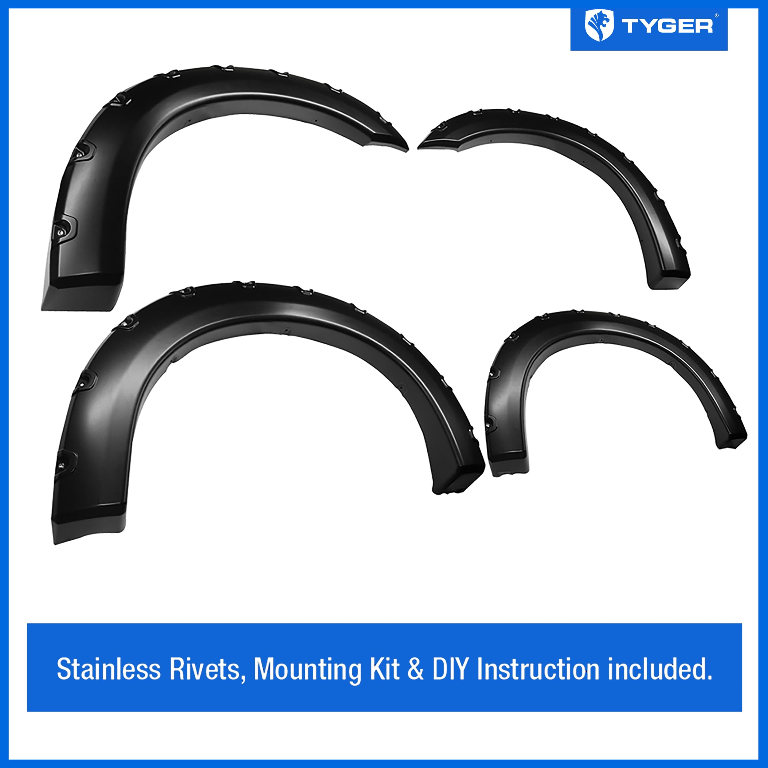Fender Flares Tyger Auto Compatible with 1999-2007 Ford F-250 F-350 Super Duty, Smooth Textured Paintable Bolt-Riveted Style 4pc | TG-FF8F4098