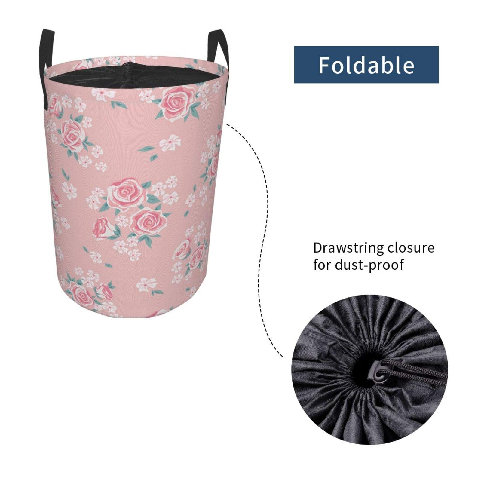 Romantic Shabby Chic Style Large Storage Baskets Inspired Flowers With Little Roses Lilacs Artwork1,Drawstring Waterproof Round Collapsible Laundry Hamper for Dirty Clothes Toy Home Office 19"X14"