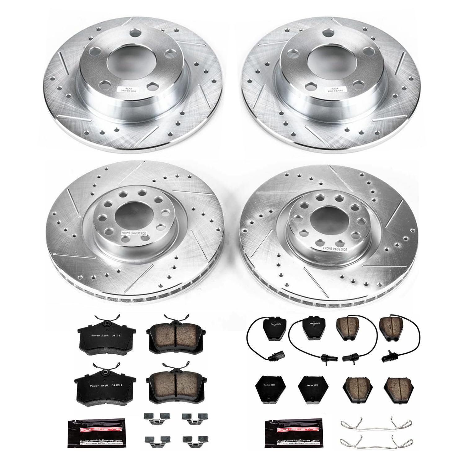 Power Stop K950 Z23 Carbon Fiber Brake Pads Front and Rear with Drilled & Slotted Brake Rotors Kit For Audi A6 Quattro 2002-2004 [Model Specific]