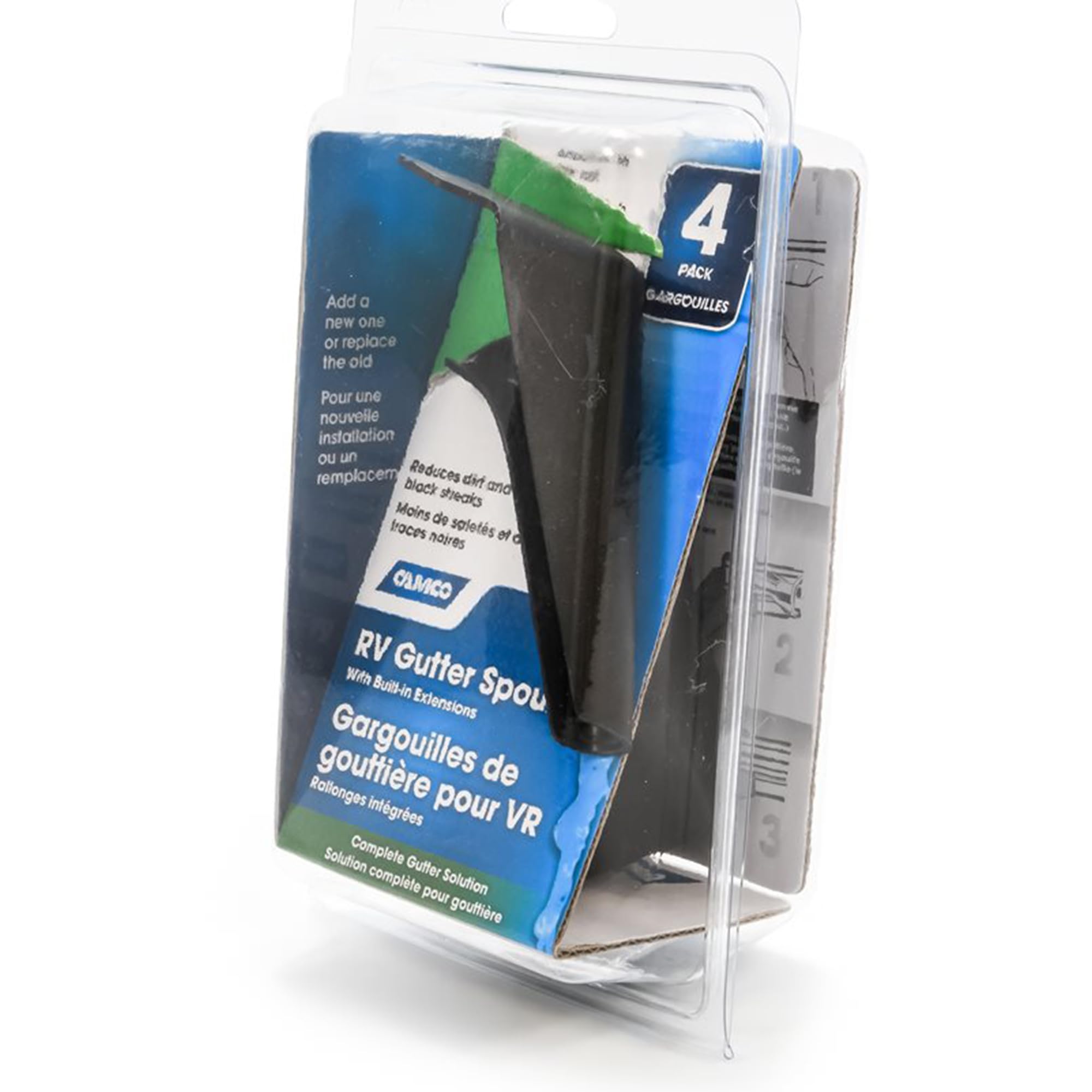 Camco RV Gutter Spouts with Extensions Built-in | Direct Rain Water Runoff Away from The RV | Features an Easy Installation, a Sun Resilient Resin Construction, and Comes in a 4-Pack of Black (42452)