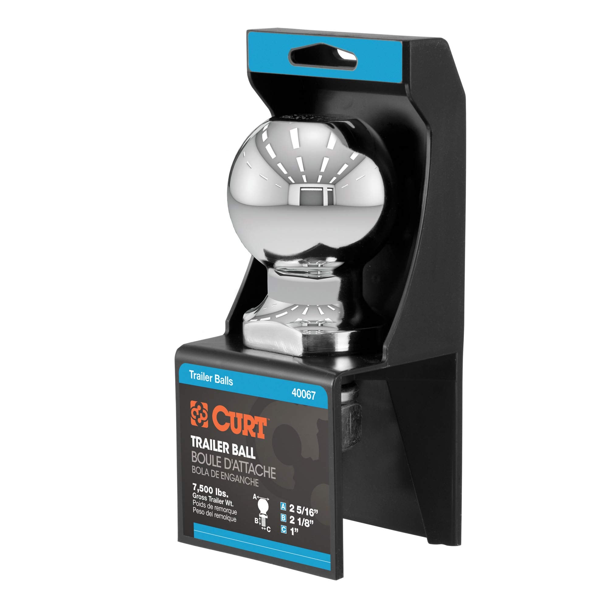 CURT 40067 Trailer Hitch Ball Chrome, 7,500 lbs, 2-5/16-Inch Diameter, 1 x 2-1/8-Inch Shank, Silver