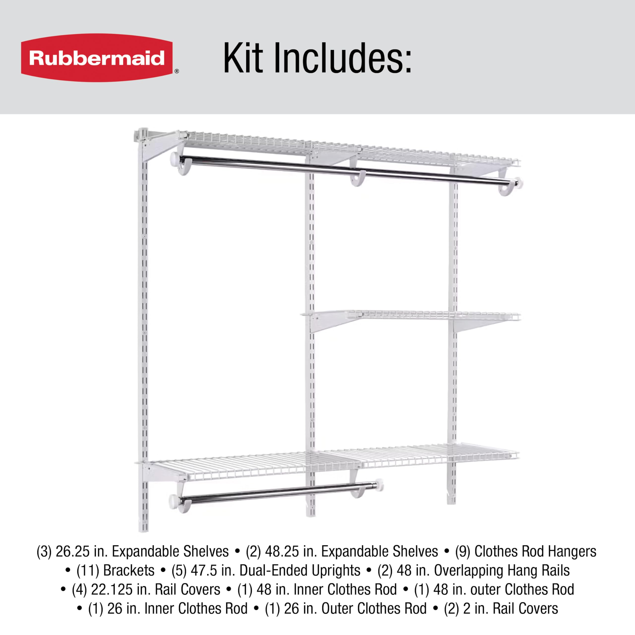 Rubbermaid Configurations Closet Kit Custom 6-10 Ft. Adjustable Metal Wire Shelving White Finish Expandable Organization System Hardware Included for Home Closet/Pantry/Laundry/Mudroom
