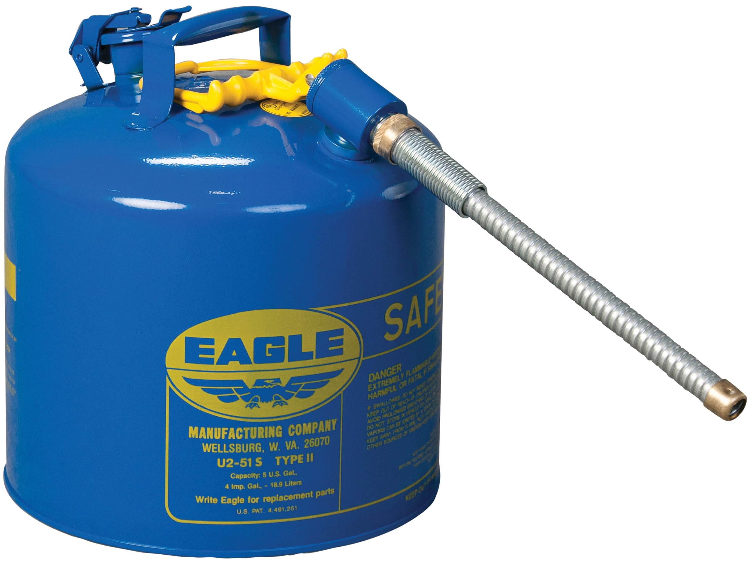 Eagle 5 Gallon Blue Type II Safety Gas Can for Kerosene with Flame Arrester, Self-Closing Lid, and 12" x 7/8" Flexible Metal Hose, Made in the USA, Galvanized Steel Flammable Storage Can, U251SB