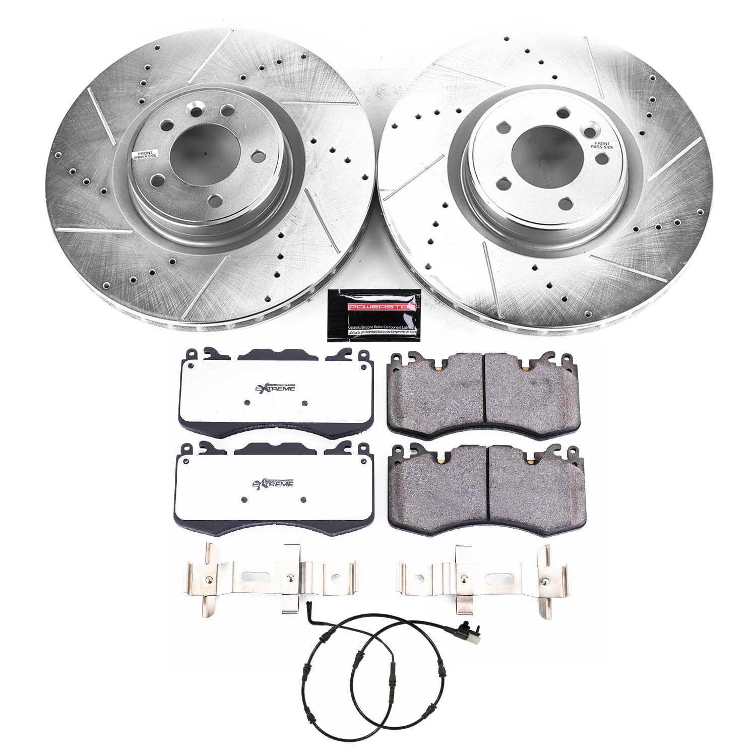 Power Stop Front Brake Kit For 2021 2022 2023 2024 2025 Defender 110 Land Rover - Truck & Tow Carbon Fiber Ceramic Brake Pads & Drilled and Slotted Rotors Replacement, K8826-36