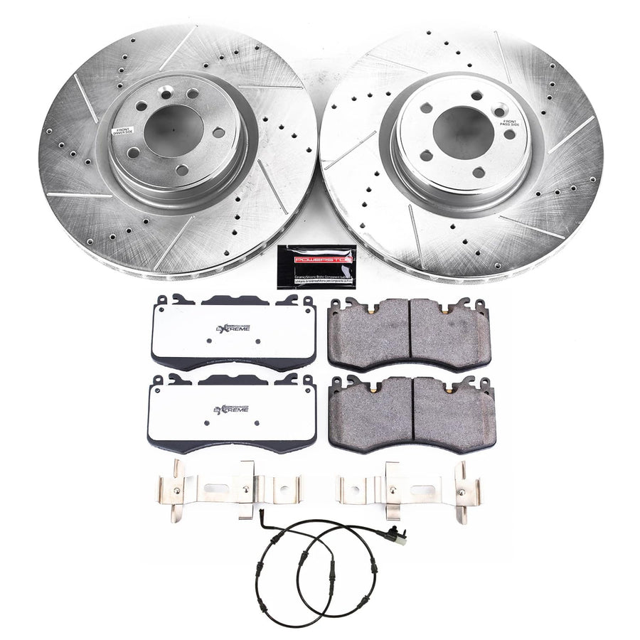 Power Stop Front Brake Kit For 2021 2022 2023 2024 2025 Defender 110 Land Rover - Truck & Tow Carbon Fiber Ceramic Brake Pads & Drilled and Slotted Rotors Replacement, K8826-36