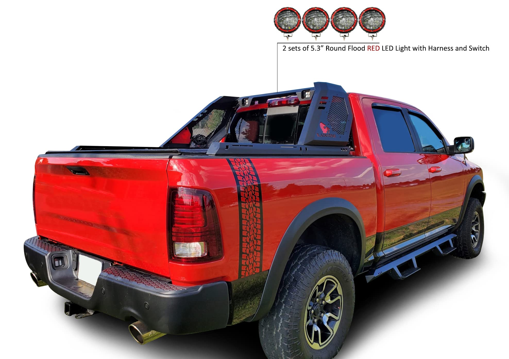 Vigor Black Horse Roll Bar Incl. Set of 5.3" Dia.led Lights w/Red Trim Rings Modular Black Compatible with 07-25 Silverado 1500|Sierra 1500|09-10 Ram 1500|11-25 Ram 1500|09-25 F-150|07-25 Tundra