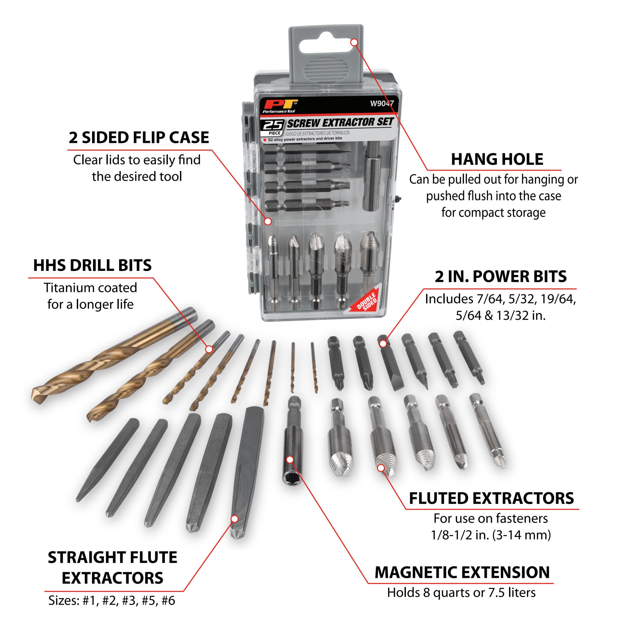 25pc Performance Tool W9047 Screw Extractor Kit with Power and Straight Flute Extractors, Drill Bits, and Driver Bits in a 2-Sided Flip Case
