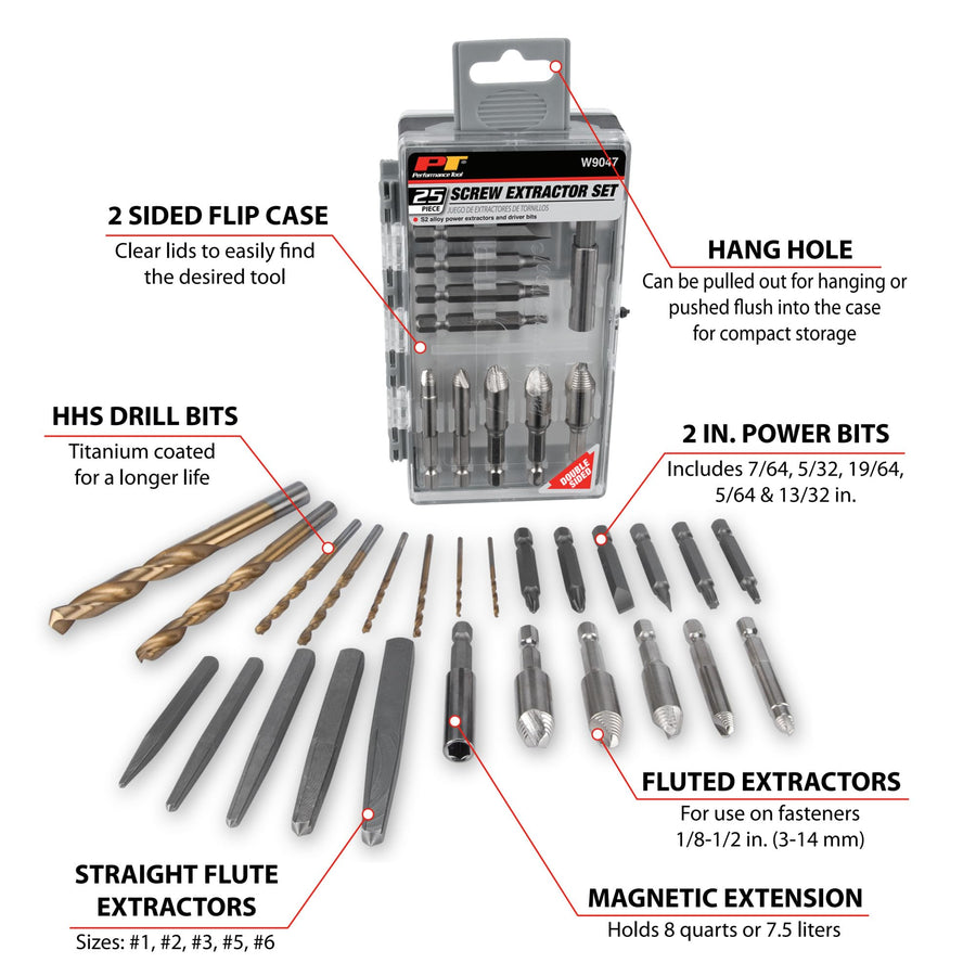 25pc Performance Tool W9047 Screw Extractor Kit with Power and Straight Flute Extractors, Drill Bits, and Driver Bits in a 2-Sided Flip Case