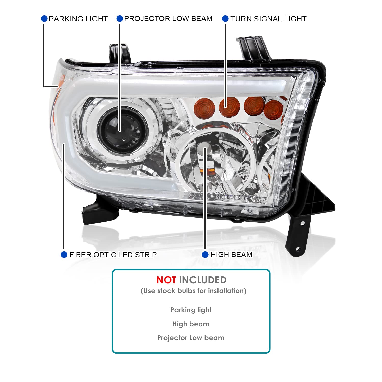 Chrome Projector Headlights w/LED Tube SPEC-D TUNING Compatible with 2007-2013 Toyota Tundra, Left + Right Pair Headlamp Assembly