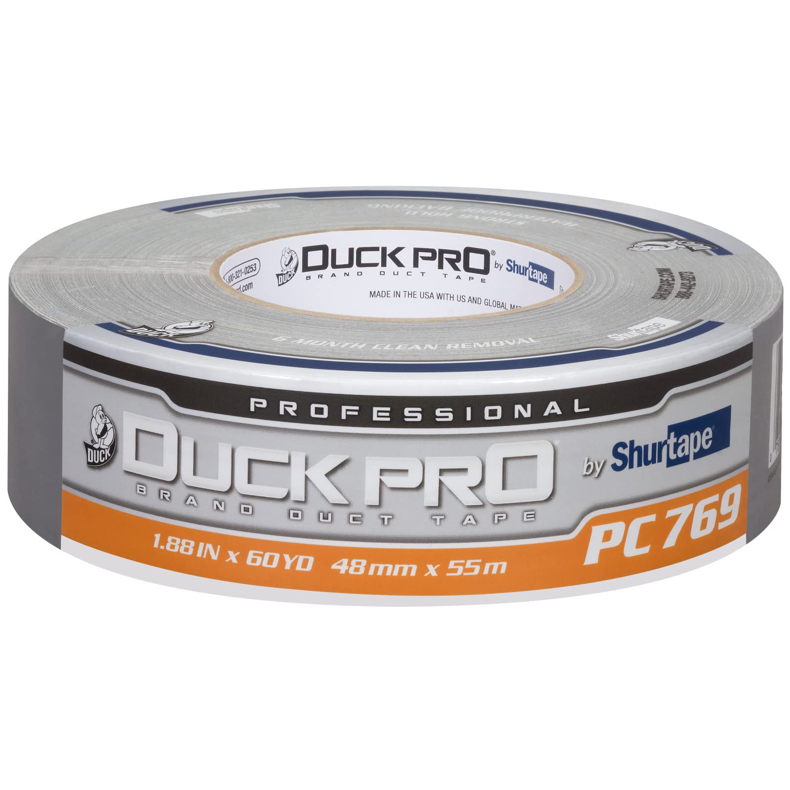 Duck Pro Shurtape Professional Grade, Clean Removal Duct Tape for Indoor/Outdoor, Bundling and Repair, 48mm x 60yd, 12.2 mil, Metallic Silver, 1 Roll (105458)
