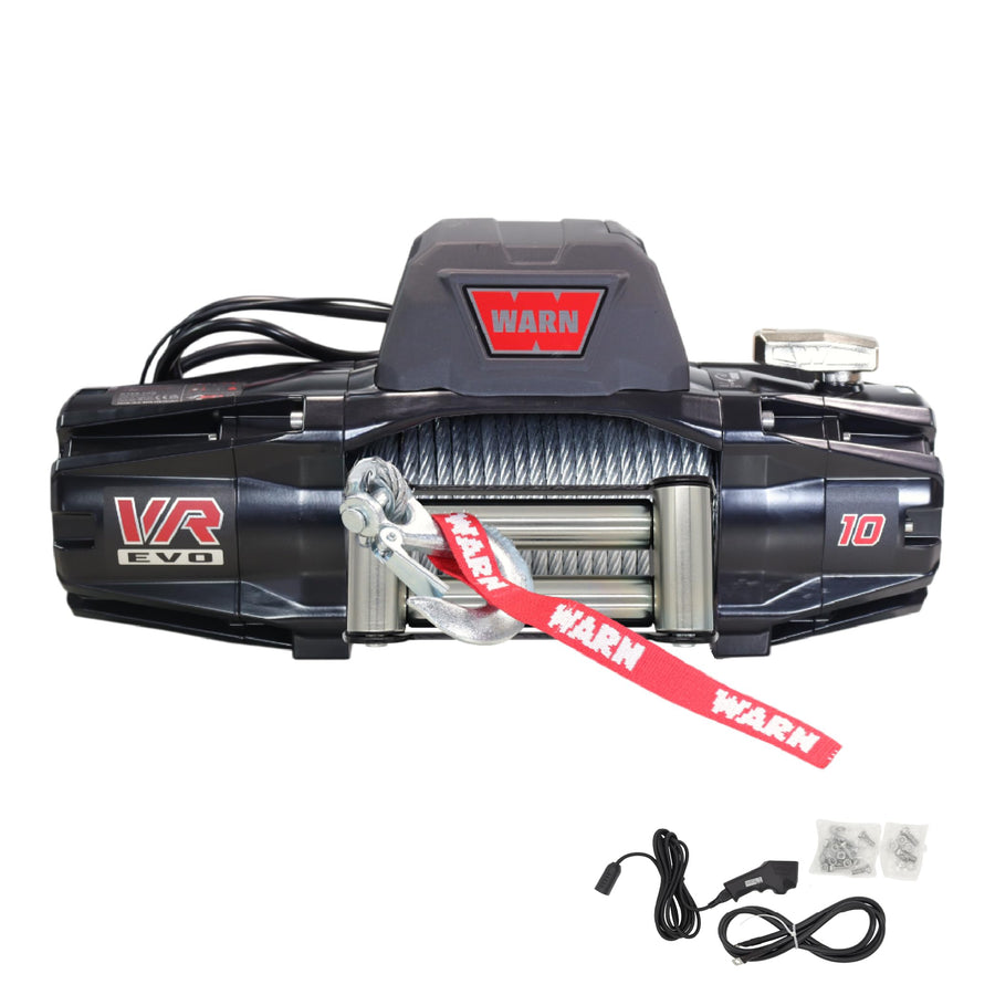 10 WARN VR EVO Standard Duty Electric Winch for Pickups, 1/2-ton, Jeeps, and Larger SUVs, 12V DC, 10,000 lb Line Pull, 90 ft Steel Cable with Roller Fairlead, Relocatable Control Pack.