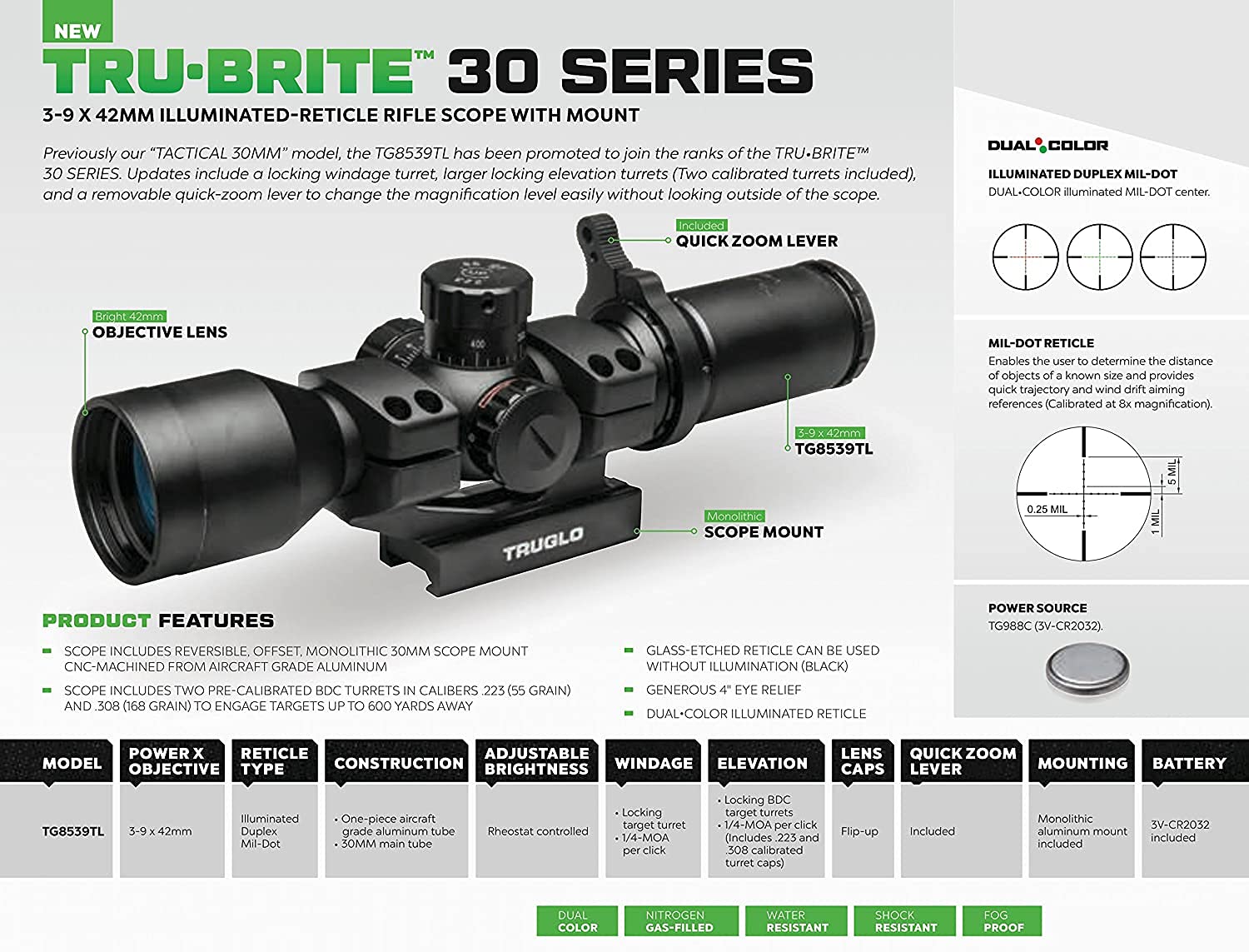 30 Series TRUGLO Tru-Brite 3-9x42mm Tactical Hunting Shooting Durable Waterproof Fogproof Shock Resistant 30mm Aluminum Tube Dual-Color Illuminated Reticle Riflescope with Mount Included