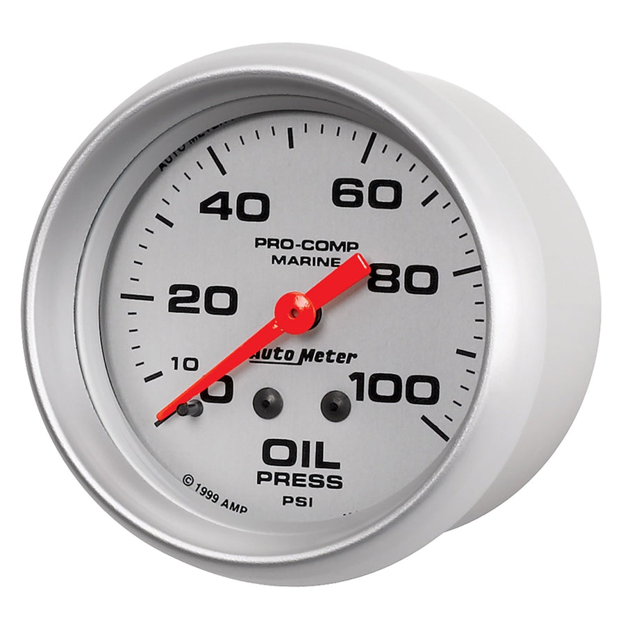 Oil Pressure AutoMeter Gauge, 2 5/8", 100Psi, Mechanical, Marine Silver (200777-33)