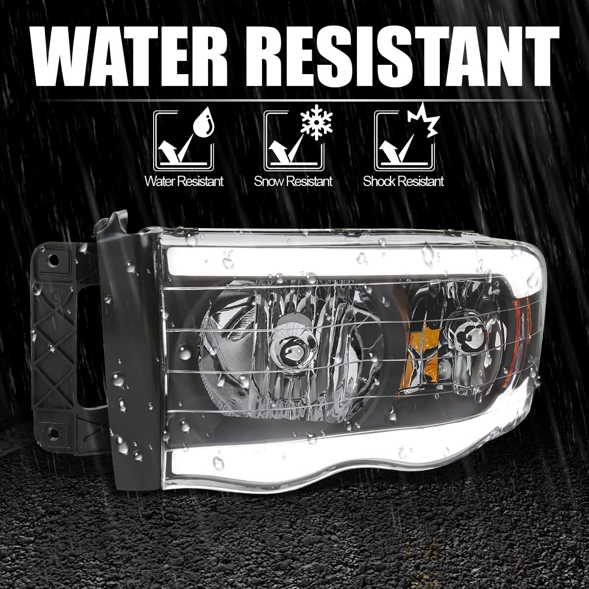 Black LED Tube Headlights SPEC-D TUNING Compatible with 2002-2005 Dodge Ram 1500, 2003-2005 Ram 2500/3500, Left + Right Pair Headlamps Assembly
