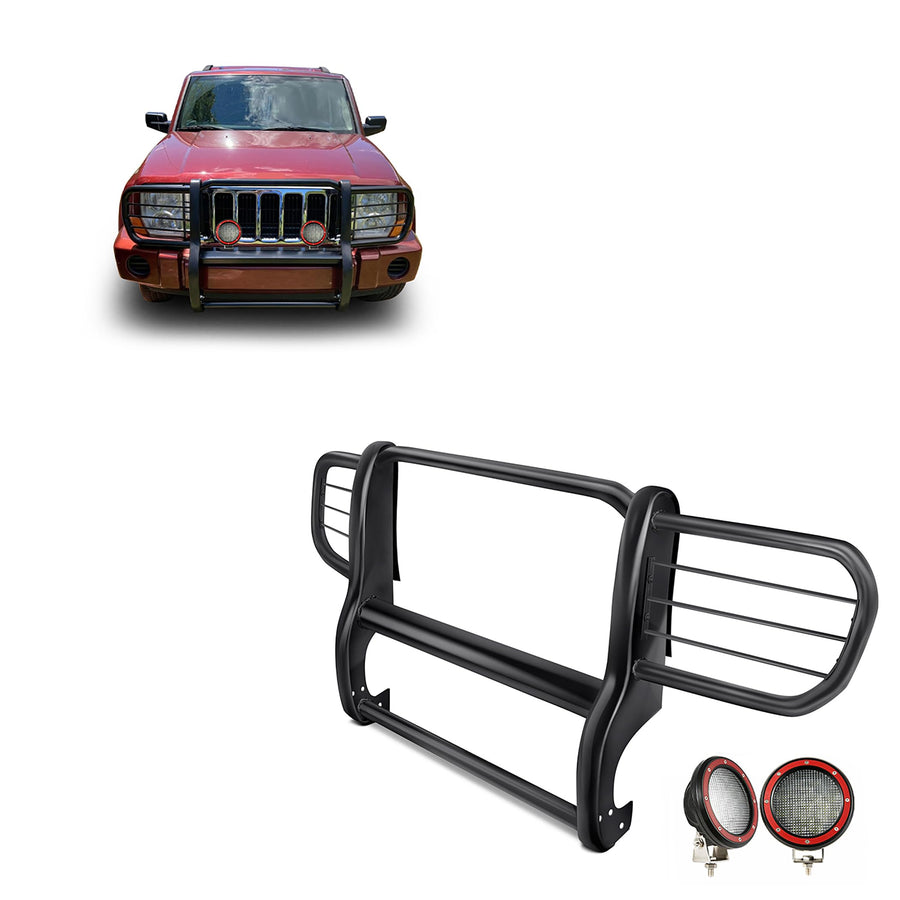 Bumper Guard Modular Black Black Horse Grille Brush Come with Pair of 5.3" Dia.LED Lights with Red Trim Rings Compatible with 2006-2010 Jeep Commander-17A081000MA-PLFR