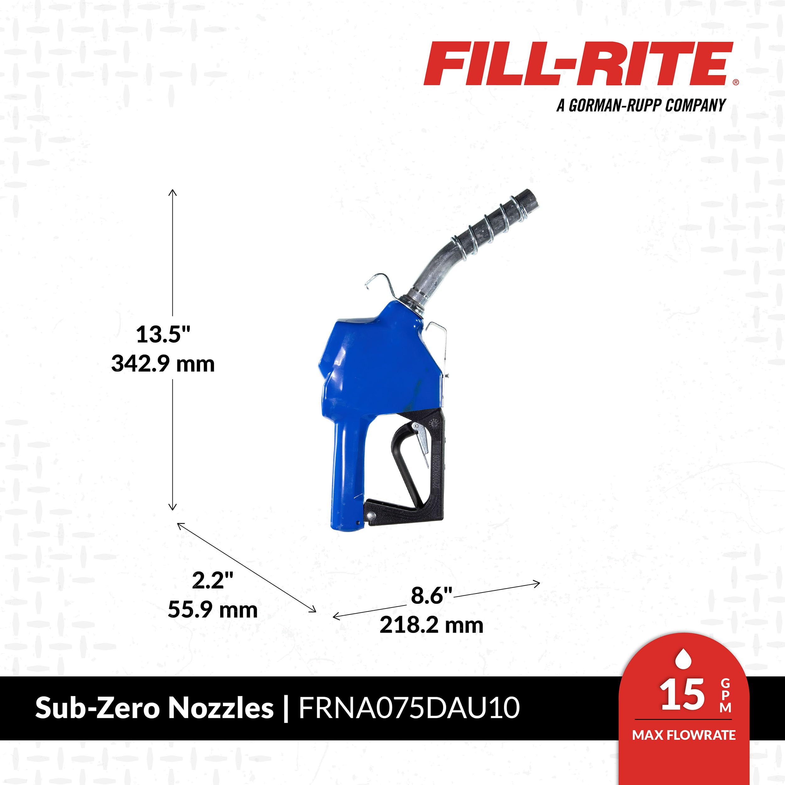 Fill-Rite ¾” FRNA075DAU10 3 to 15 GPM Sub-Zero Automatic Fuel Transfer Nozzle | Cold Weather Applications, Blue| For Gasoline, Diesel, Biodiesel up to B20, E15 & Kerosene