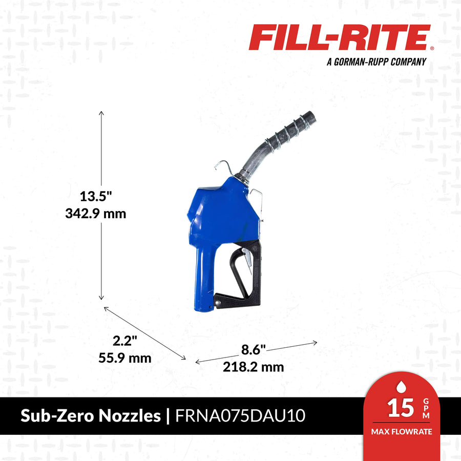 Fill-Rite ¾” FRNA075DAU10 3 to 15 GPM Sub-Zero Automatic Fuel Transfer Nozzle | Cold Weather Applications, Blue| For Gasoline, Diesel, Biodiesel up to B20, E15 & Kerosene