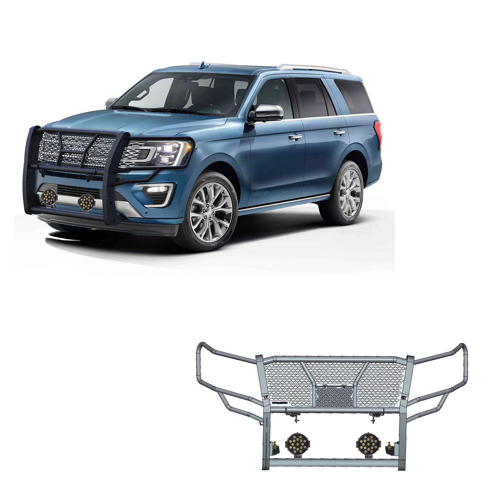 Heavy Duty Black Horse Rugged Grille Brush Bumper Guard Modular Black Come with Pair of 7.0" Dia.LED Lights with Black Trim Rings Compatible with 2018-2024 Ford Expedition-RU-FOEX18-B-PLB