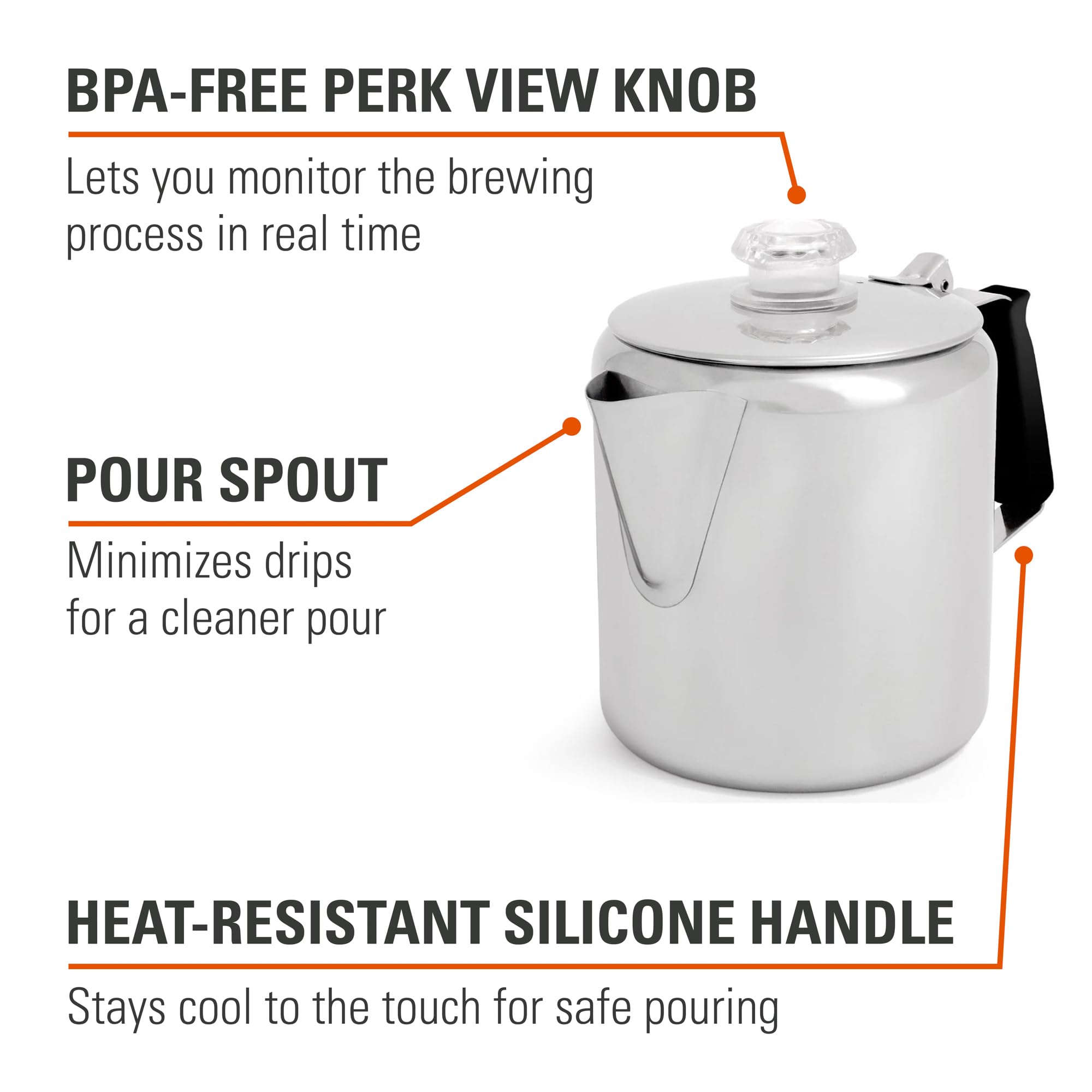 GSI Outdoors Glacier Stainless Steel Percolator Coffee Pot I with Silicone Handle for Camping, Backpacking, Travel, RV & Hunting - Stove Safe - 6 Cup