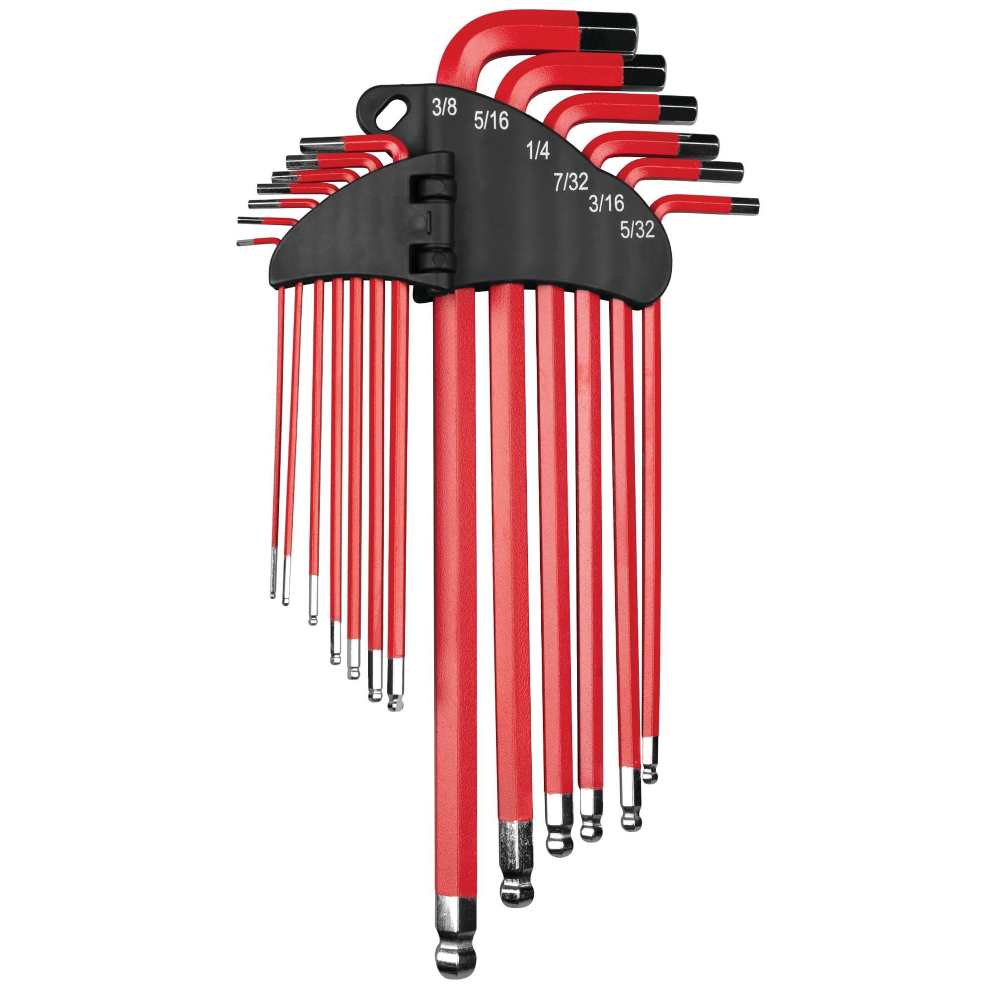 W80202 Performance Tool 13 Pc. SAE Long Arm Hex Key Set - Ball End for Angled Use, Powder-Coated, Storage Rail, Laser-Etched, Red