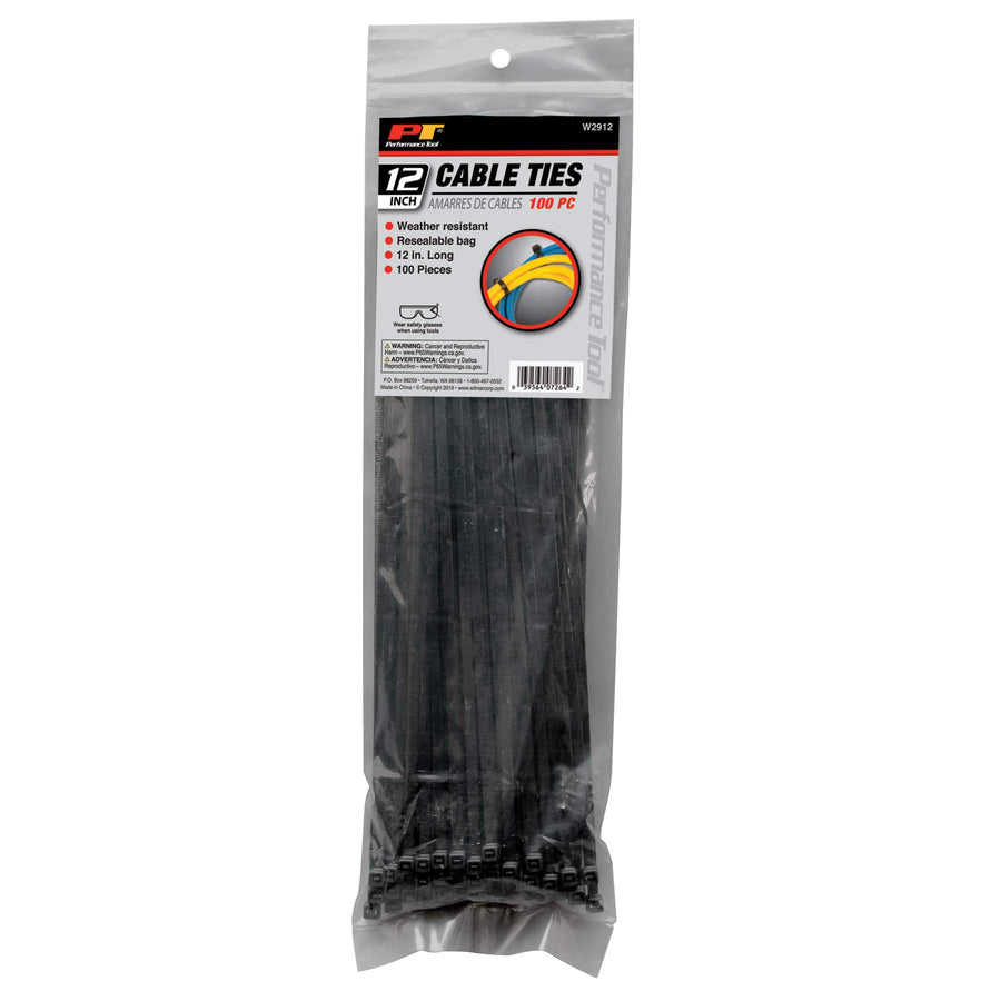 100pc Performance Tool W2912 12-Inch Cable Tie, Black With Tensile Strength 50 Lbs