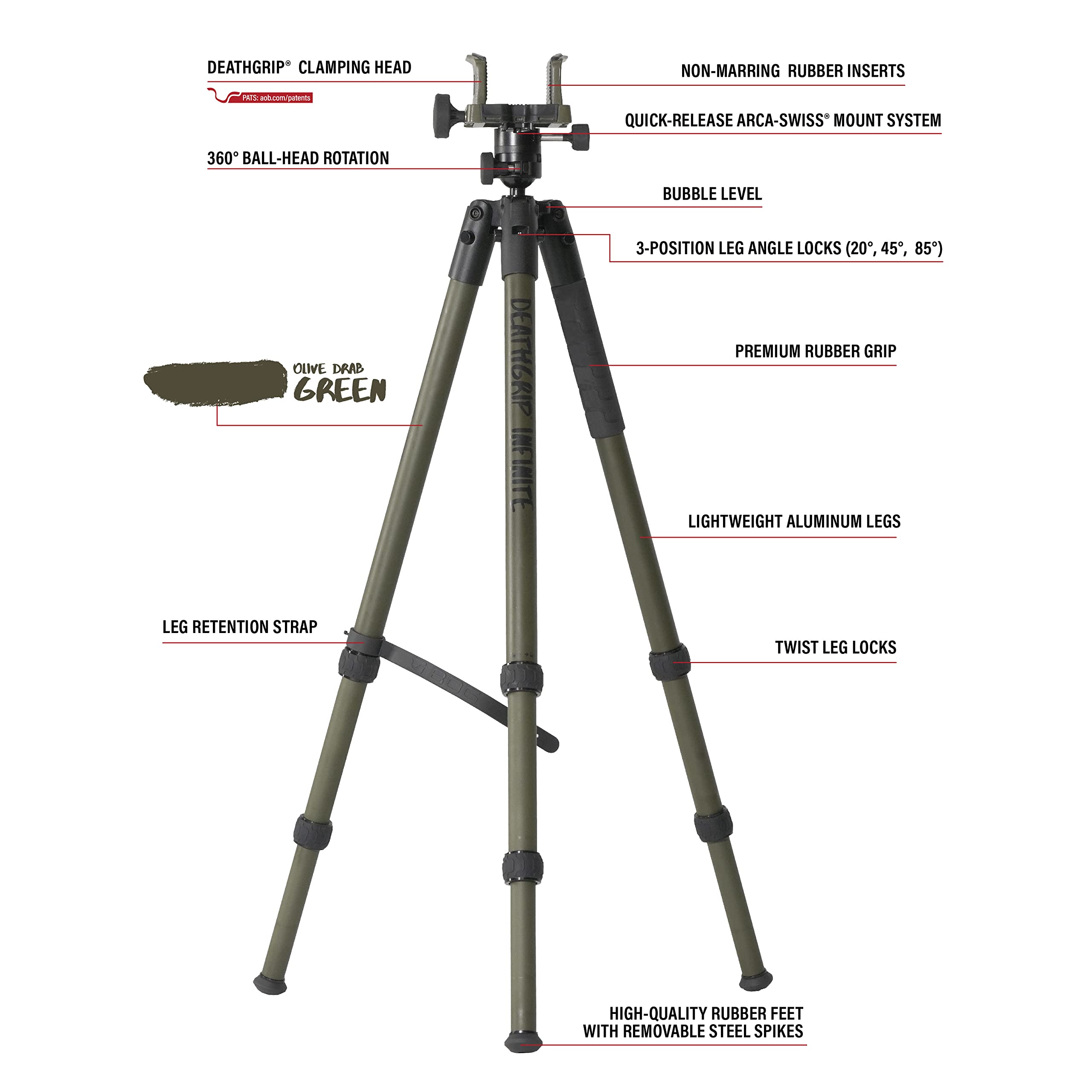 DeathGrip BOG Infinite Aluminum Tripod with Heavy Duty Construction, 360 Degree Ball Head, Quick-Release Arca-Swiss Mount System, and Optics Plate for Hunting, Shooting, Glassing, and Outdoors