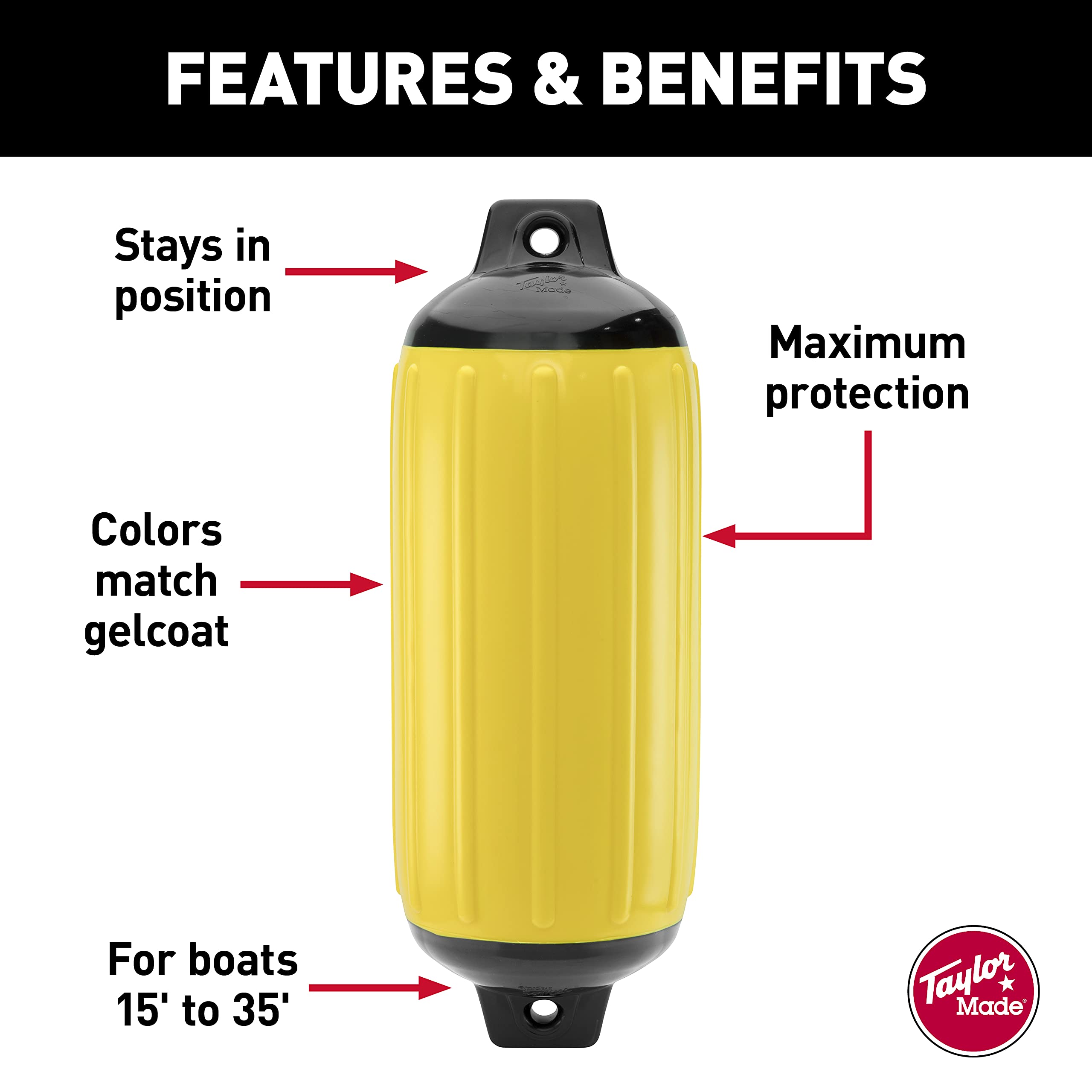 Taylor Made Inflatable Vinyl Super Gard Boat Fender 6.5" x 22", Double-Molded Ends, Fits 5/8" Lines, for Boats 15-35', Ribbed Design, Rubber Football Needle Inflation, Yellow - 2020108281
