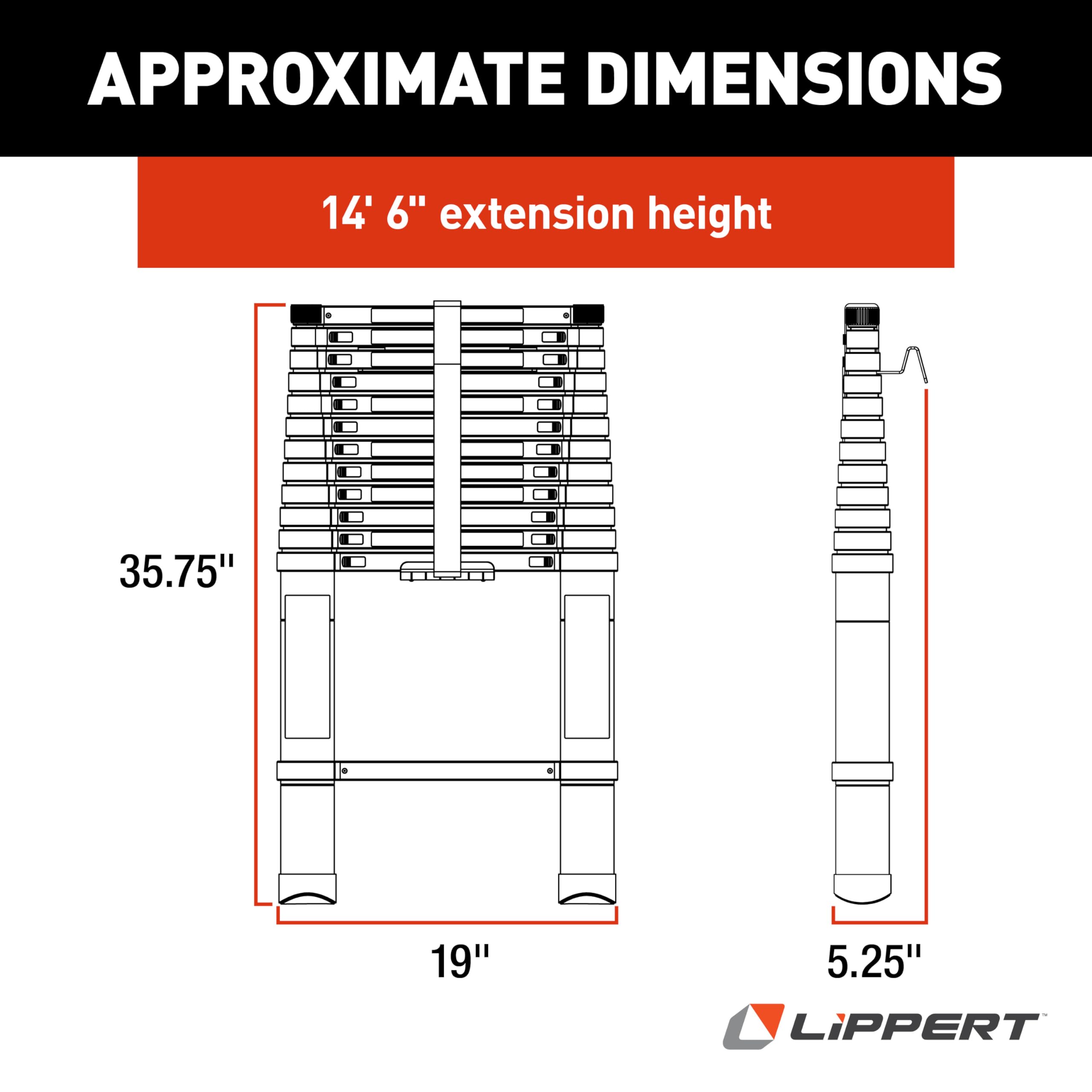 Lippert Portable On-The-Go Telescoping RV Ladder - 14.5' — Enhanced Stability and Safety - Retracts to 35.75" - Sturdy 330 lb. Capacity - Compatible with Lippert Ladder Receiver - 2021126697