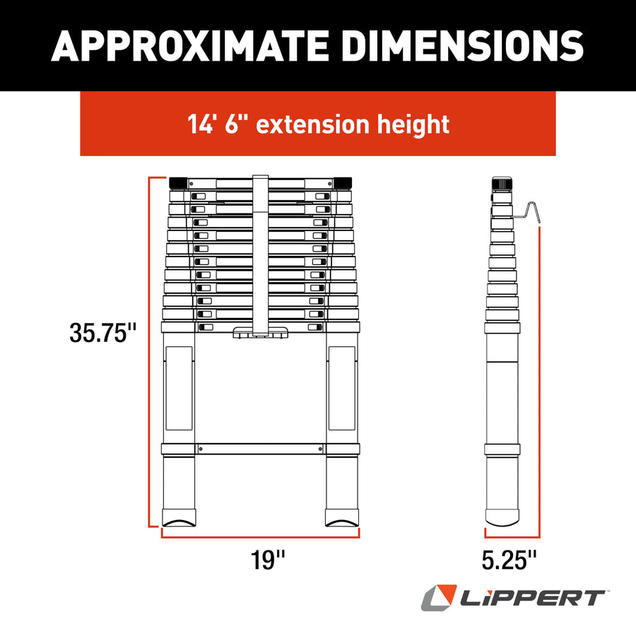 Lippert Portable On-The-Go Telescoping RV Ladder - 14.5' — Enhanced Stability and Safety - Retracts to 35.75" - Sturdy 330 lb. Capacity - Compatible with Lippert Ladder Receiver - 2021126697