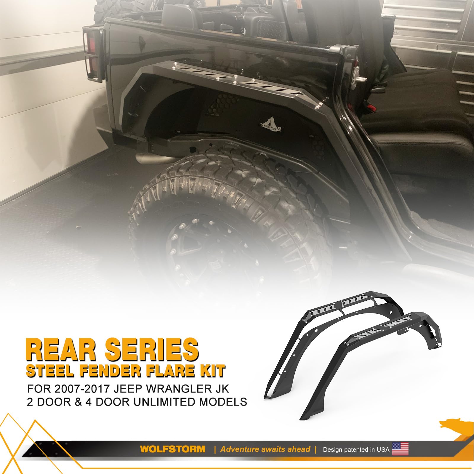 Rear Fender Flares WOLFSTORM for 2007-2018 Jeep Wrangler JK/JKU, Special Outlook Design, 2007-2018 Jeep JK Steel Rear Fender Flares Replacement Accessories, Right+Left