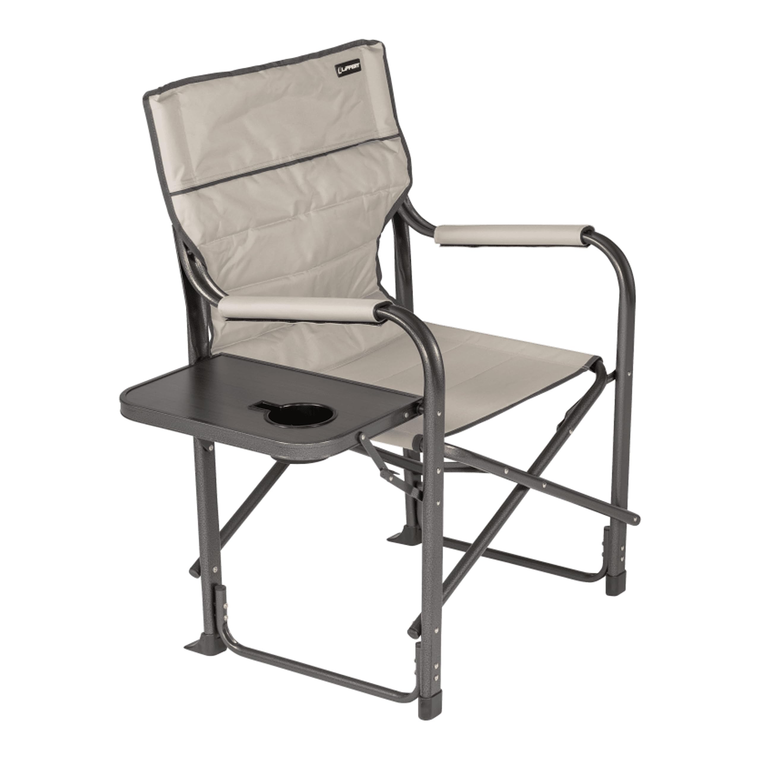 Lippert Components Director Chair Scout Plus with Side Table for Camping, Foldable, Steel Tube Frame, 600D Polyester, UV and Water Resistant PVC Coating, 400 lb. Weight Capacity, Sand - 2021123282