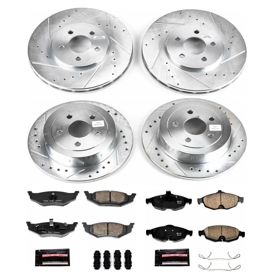 Power Stop K1685 Z23 Carbon Fiber Brake Pads with Front and Rear Drilled & Slotted Brake Rotors Kit For Chrysler Sebring 2001-2006 [Model Specific]