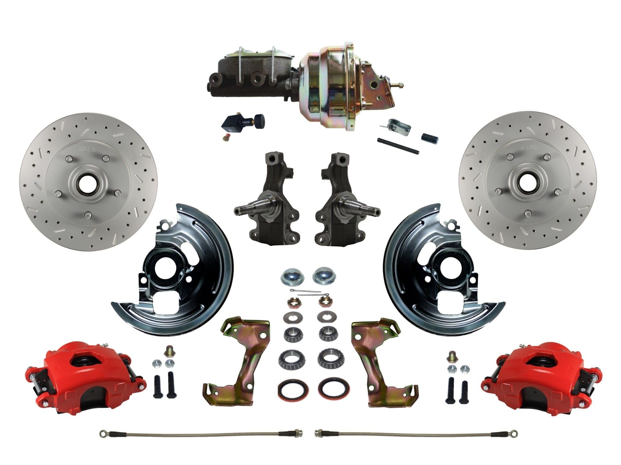 Power Front Disc Brake Kit LEED BRAKES 2" Drop Spindle Drilled And Slotted Rotors Red Powder Coated Calipers 8" Dual Booster Adjustable Proportioning Valve