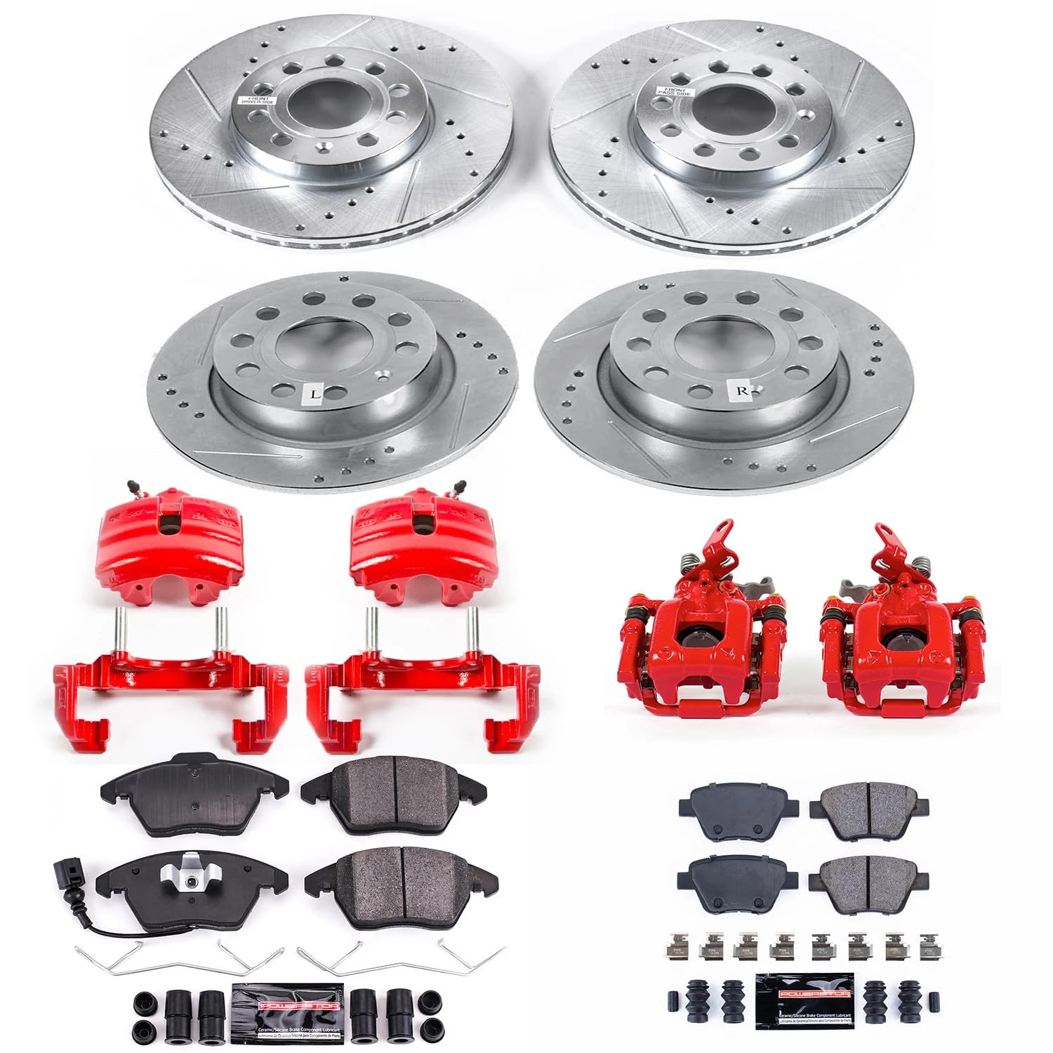 Power Stop Z23 Evolution Front and Rear Caliper Kit-Drilled/Slotted Rotors, Brake Pads & Carbon Ceramic Calipers