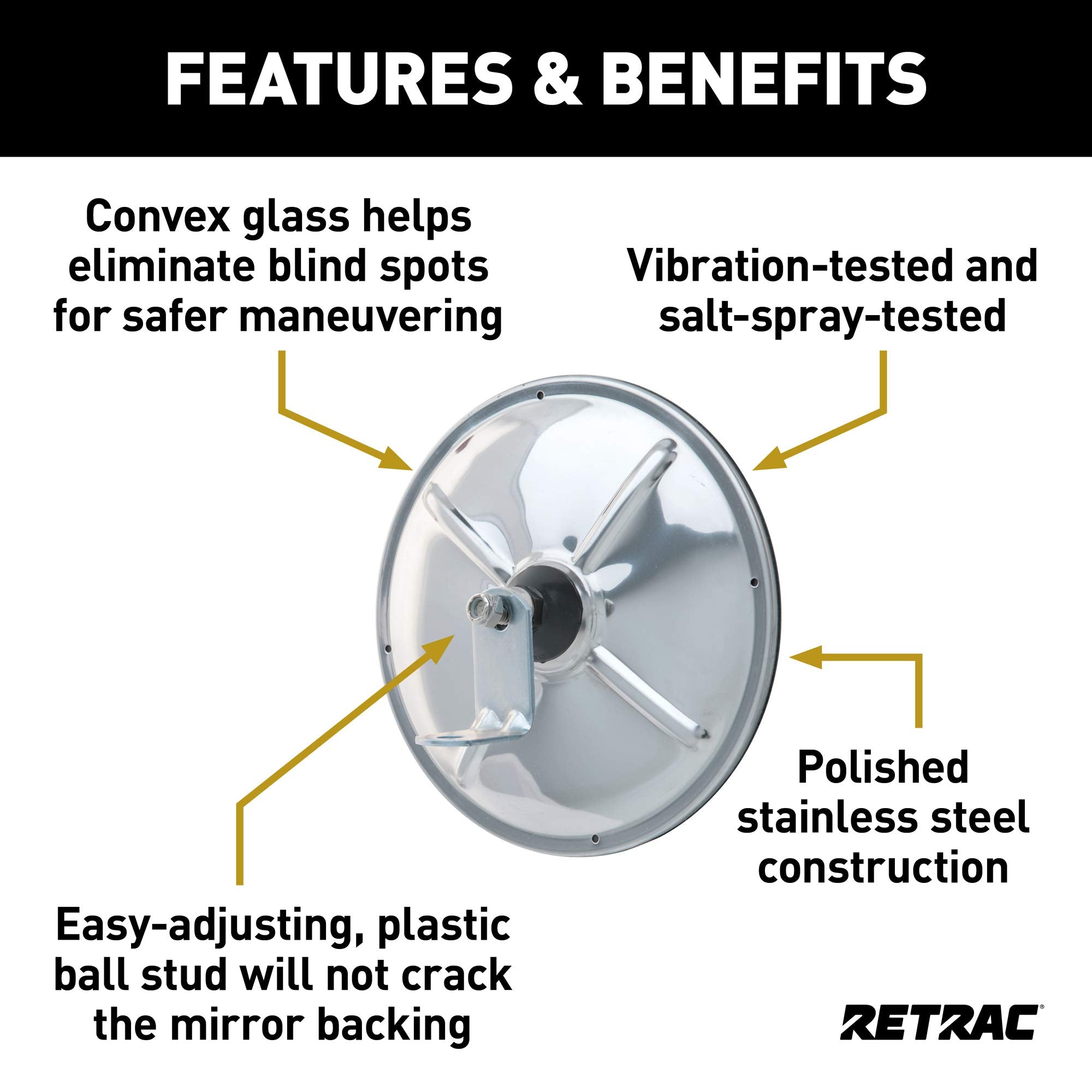 8-Inch Stainless Steel Center-Mount Convex Mirror Head Retrac 610703 with J-Bracket, Universal Driver or Passenger Side