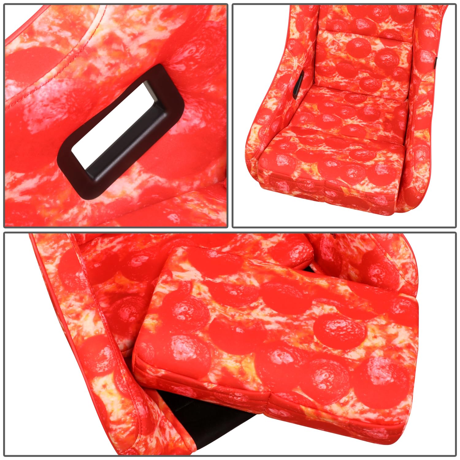 NRG Innovations FRP Bucket Seat NRG-FRP-302-PIZZA PRISMA-ULTRA Slice Edition with Gold Back Pizza Microfiber Finish Vegan Material Plus Phone Pockets. (Large)