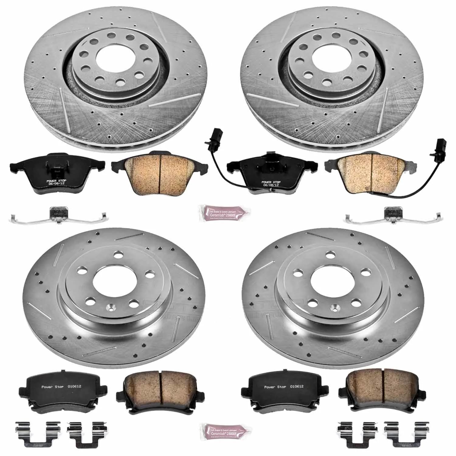 Power Stop K4065 Z23 Carbon Fiber Brake Pads Front and Rear with Drilled & Slotted Brake Rotors Kit For Audi A4 2005-2009, Audi A4 Quattro 2005-2009 [Model Specific]