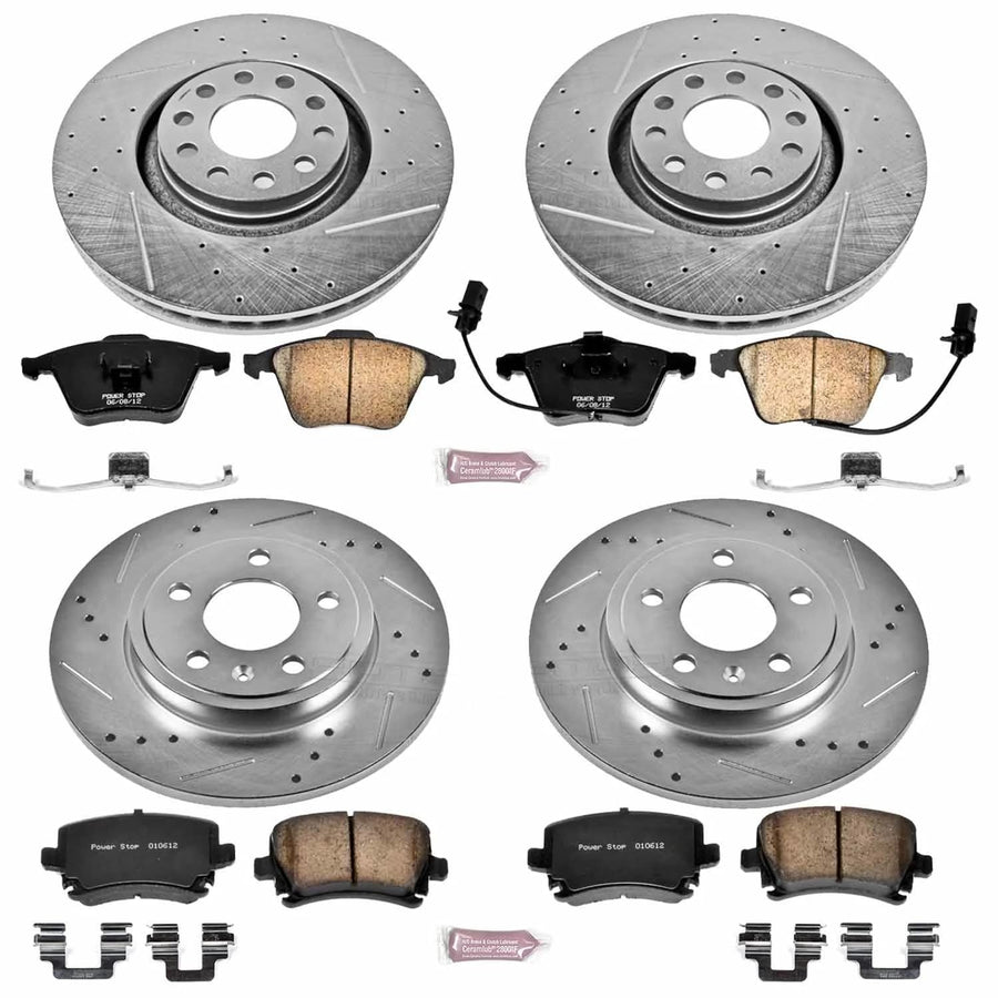 Power Stop K4065 Z23 Carbon Fiber Brake Pads Front and Rear with Drilled & Slotted Brake Rotors Kit For Audi A4 2005-2009, Audi A4 Quattro 2005-2009 [Model Specific]